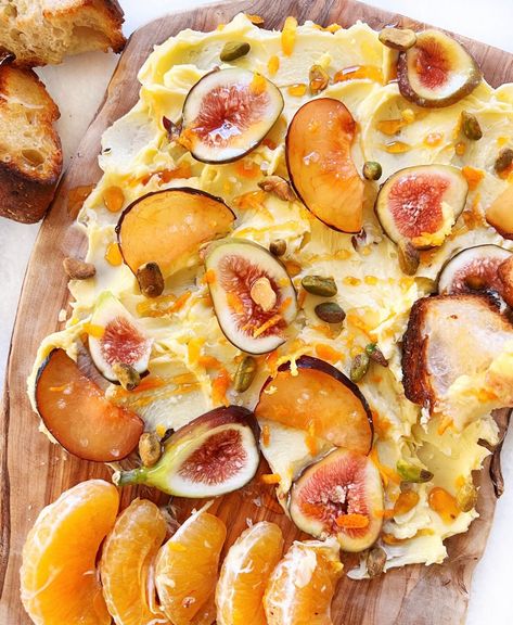 fall butter board with fig, orange zest, pistachio and honey Autumn Butter Board, Fig Butter Board, Fall Butter Board, Brea Cheese, Color Street Orange, Hummus Board, Butter Boards, Fig Butter, Flavored Butters