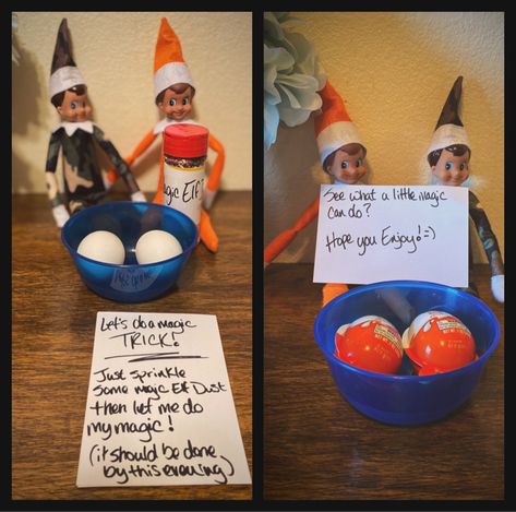 Elf Egg Magic Trick, Elf On The Shelf Egg Magic, Elf Kinder Egg, Elf On The Shelf Kinder Egg, Egg Magic, Kinder Egg, Elf Shelf, Elf Magic, Awesome Elf On The Shelf Ideas