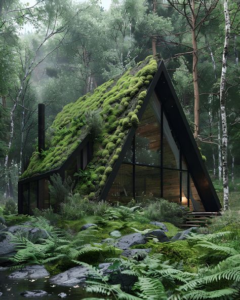 "Ever dreamt of escaping to nature's embrace? 🌿 Picture an A-frame cabin nestled in a dense, lush forest. With its modern aesthetic, clean lines, and large windows, the cozy interior feels like a sanctuary. The roof, uniquely adorned with moss and greenery, blends perfectly with its surroundings. Save & follow us for more serene escapes and earth-grounded inspiration. 🌲✨ #NatureLovers #CabinGoals #GreenLiving #ArtPrint #ImagePrompt #AIImg 🌍 Greenbubble invites you to dream deeper." Moss Roof, Eco Cabin, Mobile Living, Lush Forest, Frame Cabin, Aesthetic Clean, Tiny Cottage, Sell Photos, A Frame Cabin