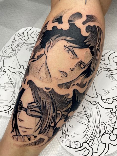 Levi and Hange Tattoo by @kodiellistattoos on IG @ Fountain Square Tattoo - Indianapolis Hange Tattoos, Hange Zoe Tattoo Ideas, Captain Levi Tattoo, Attack On Titan Tattoo Design, Hange Attack On Titan, Levi Ackerman Tattoo, Levi Tattoo, Titan Tattoo, Square Tattoo