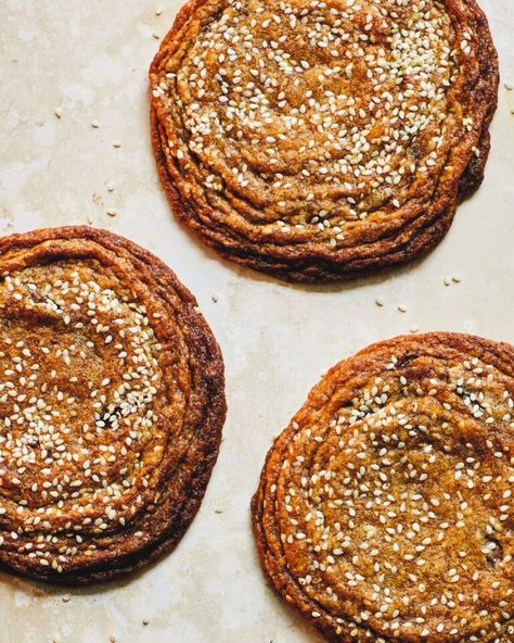 Chocolate miso pan-bang cookies - delicious. magazine Pan Banging Cookies, Miso Cookie Recipe, Miso Chocolate Chip Cookies, Miso Cookies, Toffee Cookie Recipe, Miso Recipe, Sesame Cookies, Carrot Cake Cookies, Toffee Cookies