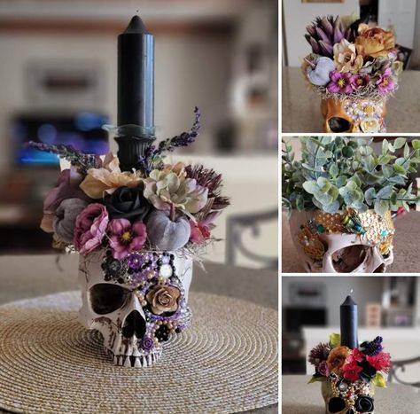 Skull Flower Centerpiece, Diy Skull Sunflowers, Diy Skull Decor, Diy Gothic Decor Crafts, Flower Cow Skull Decor, Skull With Dried Flowers, Skull Vase With Flowers, Diy Skulls, Dark Wedding Theme