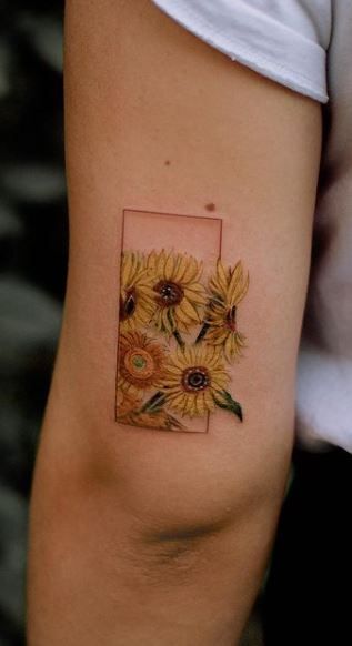 55 Artistic Vincent Van Gogh Tattoos Inspired By His Artwork - Tattoo Me Now Vincent Van Gogh Sunflowers Tattoo, Tattoo Of Sunflowers, Can Gogh Sunflower Tattoo, Sunflowers Van Gogh Tattoo, Van Gogh Sunflower Tattoo Black And White, Van Gogh Flower Tattoo, Starry Night Van Gogh Tattoo, Monet Inspired Tattoo, Impressionism Tattoo