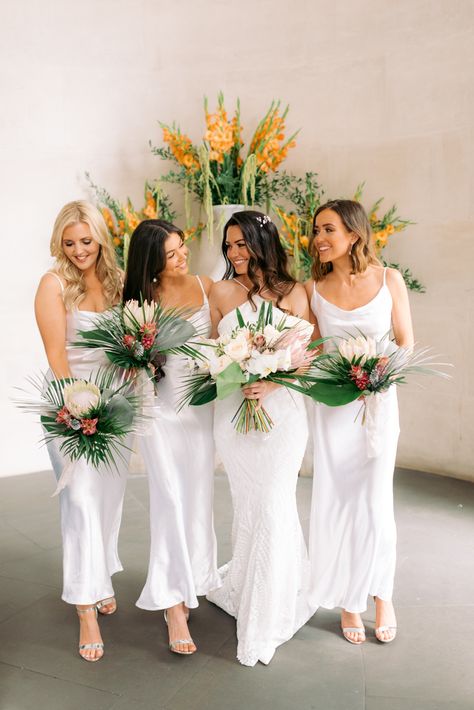 White Bridesmaid Dresses with Cowl Neck and Tropical Bouquet Sparkly Bridesmaid Dress, Tropical Bridal Bouquet, Tropical Wedding Bouquets, Tropical Bouquet, Tropical Wedding Theme, Spaghetti Strap Bridesmaids Dresses, Tropical Wedding Inspiration, London Bride, Tropical Wedding Flowers