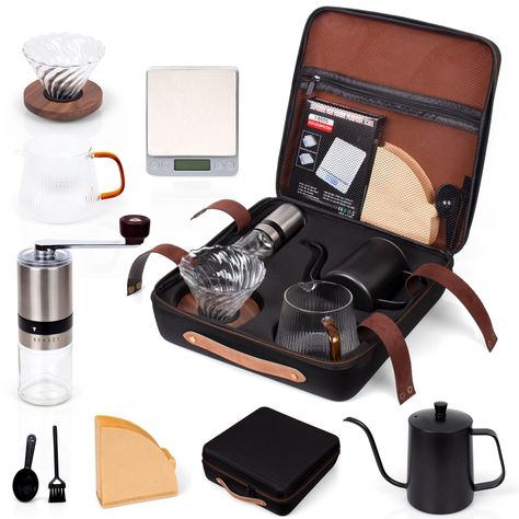 PRICES MAY VARY. Package Include: 1 × Travel Bag, 1 × Manual Coffee Grinder, 1 × Coffee Dripper, 1 × 600ml (20oz) Goose Neck Kettle, 1 × 600ml (20oz) Glass Server, 1 × Digital Scale（Without Battery）, 1 × 100 Pcs Paper Filter, 1 × Coffee Spoon, 1 × Cleaning Brush. Specification: 13.5 x 15 x 7.5 Inch (35 x 38 x 19 CM), Weight: 6.2 Lbs (2.8 KG) Multi-functional: It allows You to Have a Pleasant Outdoor Activity, Picnic, Camping with your family and friends on weekends. From espresso to classic Amer Camping Coffee Maker, Coffee Kit, Coffee Gift Sets, Pour Over Coffee Maker, Manual Coffee Grinder, Coffee Dripper, Coffee Bar Home, Pic Nic, Van Home