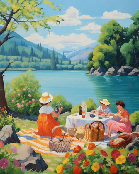 French picnic painting, lakeside artwork, oil painting of picnic, vivid color art, vibrant digital painting, French countryside canvas, lake scene artwork, outdoor dining art, French culture painting, picnic by the water, colorful oil canvas, digital lakeside picnic, bright color art, French leisure painting, pastoral scene artwork, impressionistic picnic art, al fresco dining illustration, serene lake painting, picnic setting art, digital oil style painting, French nature scene, lively picnic a Picnic Scene Painting, Picnic Illustration Art, Picnic Scene Drawing, Picnic Illustration Drawings, Picnic Painting Ideas, Dining Illustration, Picnic Cartoon, Picnic Drawing, Bright Color Art