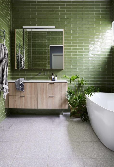 While the owners dug in at the back, a white-tile ban prompted a green response from the design team of this Melbourne home. Kate Walker Design, Subway Tile Bathroom, Walker Design, Kate Walker, 3d Product Design, What Is Interior Design, Master Addition, Californian Bungalow, Leadlight Windows