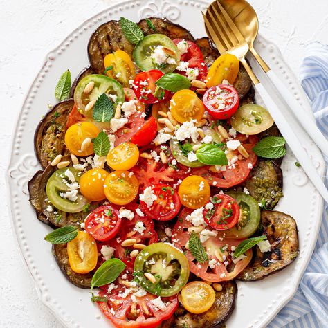 Mediterranean Eggplant Salad Grilled Eggplant Salad, Mediterranean Eggplant, Roasted Eggplant Salad, Cherry Tomato Salad, Eggplant Salad, Tomato Salad Recipes, Italian Dinner Recipes, Grilled Eggplant, Deli Meats