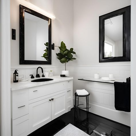 Black and white bathroom 🖤 🤍 Modern Bathroom Black And White, Black And White Guest Bathroom, Bathroom Black And White, Black Cabinets Bathroom, Modern Boho Bathroom, Bathroom Ideas Black And White, Sink Decor, Black And White Bathroom, White Bathroom Cabinets