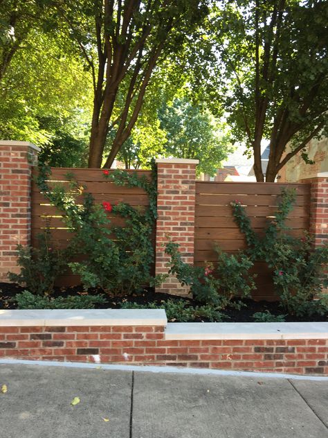 Brick Wall Privacy Fence, High Brick Fence, Brick Front Fence Ideas Australia, Privacy Brick Wall Ideas, Brick Wood Fence, Brick Fence Ideas Front Yard, Brick And Wood Fence, Brick Privacy Wall, Brick Fence Ideas