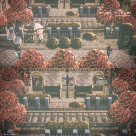 animal crossing new horizons, acnh design, autumnal, fall Acnh Train Station Ideas, Acnh Railroad Path, Animal Crossing Train Station, Acnh Train Station, Acnh Train, Harry Potter Train, Acnh Cottagecore, Cozy Gaming, Acnh Designs