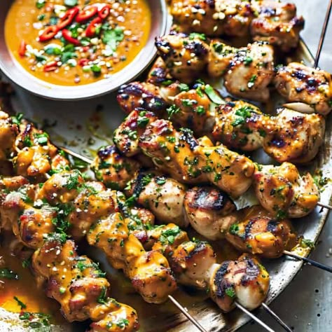 Thai Coconut Chicken Skewers with Spicy Peanut Sauce - Salted Mint Grilled Thai Coconut Chicken Skewers, Thai Coconut Chicken Skewers, Coconut Chicken Skewers, Thai Chicken Skewers, Oven Fried Chicken Tenders, Skewers Recipes, Greek Chicken Meatballs, Thai Mat, Cambodian Recipes