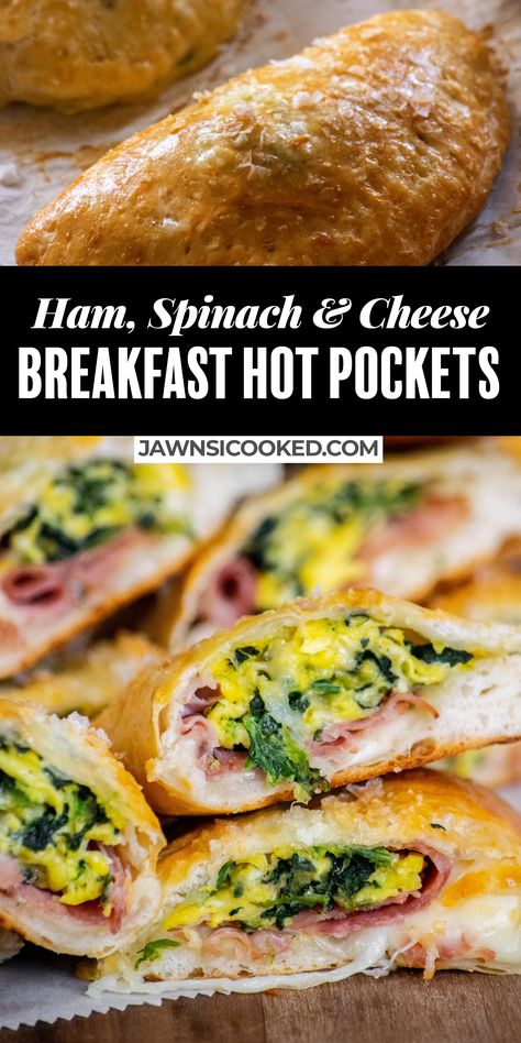 These super easy and delicious Ham, Spinach and Cheese Breakfast Hot Pockets come together in about 30 minutes! Made with store bought biscuit dough, and packed with ham, cheese, and parmesan spinach- this spinach, ham and egg recipe are sure to be a hit at your breakfast table! This Green eggs and ham recipe is also great for the kids on the weekend! Green Eggs And Ham Recipe, Breakfast Hot Pockets, Pocket Recipes, Breakfast Pockets, Parmesan Spinach, Dorm Food, Ham Breakfast, Breakfast For A Crowd, Cheese Breakfast