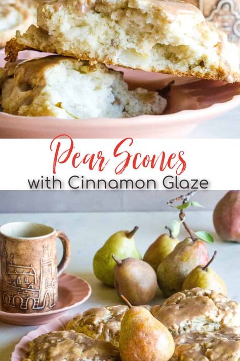 Pear Scones are a fantastic breakfast treat - especially when served warm on cool fall mornings! But they’re also an excellent dessert for any time of the day! These scones are light, fluffy and delicious. And thanks to the addition of the cinnamon glaze, they become the perfect embodiment of fall and the change of seasons. #pearrecipe #scones #fallrecipes Pear Scones, Cinnamon Glaze, Cranberry Orange Scones, Fruit Scones, Tummy Yummy, Pumpkin Spice Recipe, Change Of Seasons, Summer Baking, Pear Recipes