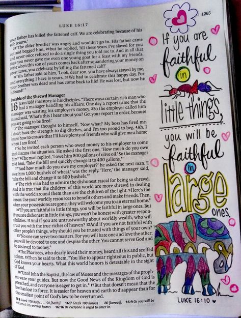 Luke 16 Bible Journaling, Bible Annotations, Luke Bible, Luke 16 10, Bible Doodles, Journal Drawing, Scripture Journal, Inspire Bible, Bible Drawing