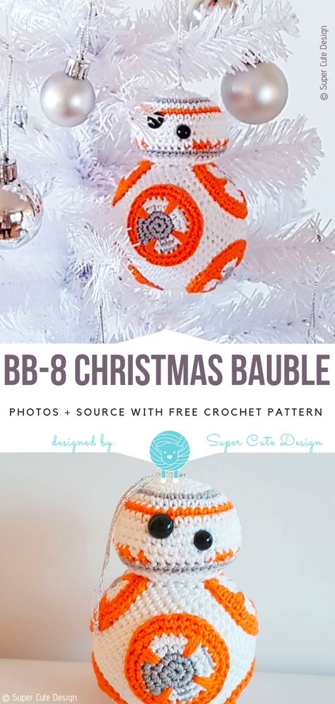 BB-8 Christmas Bauble Free Crochet Pattern | Wool Pattern Bb 8 Crochet, Bb8 Crochet Pattern Free, Crochet Bb8, Star Wars Crochet Ornament Pattern, Bb8 Crochet, Crochet Christmas Tree Hat, Free Crochet Bauble Patterns, Bauble Crochet Pattern, Geeky Crochet Patterns