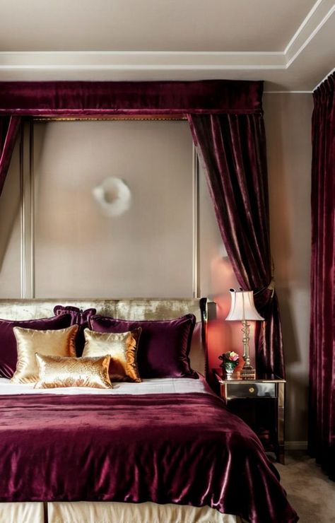 Plum Bedroom Ideas, Plum Bedroom, Castle Bedroom, Velvet Headboard, A Romantic, Gold Accents, Bedroom Ideas, Fall In Love, Scented Candles