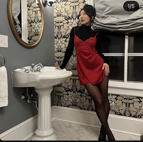 Casual Dark Red Dress, Galentines Party Outfits Winter, French Nye Outfit, Black Dress And Pantyhose Outfit, Valentines Going Out Outfit Night, Galentine's Outfits Red, Bar Outfits Dress, Galentine's Outfits Night Out, Valentine’s Day Outfits Fancy