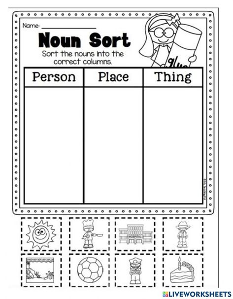 Person Place Or Thing Worksheet, Noun Sorting Worksheet, Grammar For Kindergarten, Kindergarten Nouns, Nouns Worksheet 1st Grade, Nouns Worksheet Kindergarten, Nouns Kindergarten, Nouns And Verbs Worksheets, Proper Nouns Worksheet