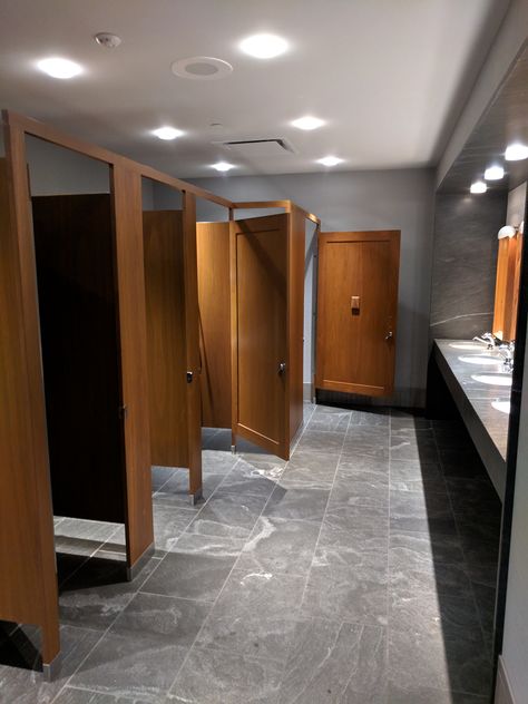 Warm stalls against a neutral color palette. (Hyatt, MPLS) Community Bathroom Ideas, Luxury Public Bathroom Design, Restaurant Restroom Design Simple, Commercial Bathroom Stalls, Church Restroom Decor Ideas, Public Restroom Design Small, Bathroom Stall Aesthetic, Bathroom Stall Ideas, Venue Restrooms