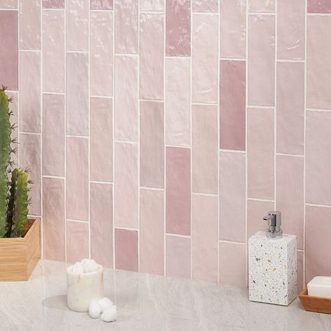 Portmore Pink 3x8 Glazed Ceramic Tile | Tilebar.com Pink Bathroom Tiles, Pink Showers, Glazed Ceramic Tile, Ceramic Subway Tile, Local Color, Pink Tiles, Ivy Hill Tile, Mosaic Supplies, Guest Bathrooms