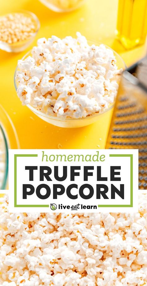 Enjoy the rich flavors of Truffle Popcorn during your next movie night! Made with nutritional yeast or parmesan, salt, and truffle oil! This healthy, gluten-free snack is low calorie but packed with flavor! Truffle Oil Recipes, Truffle Popcorn, Homemade Truffles, Your Next Movie, Vegan Snack Recipes, Popcorn Recipe, Meatless Main Dishes, Healthy Vegan Snacks, Healthy Recipes On A Budget