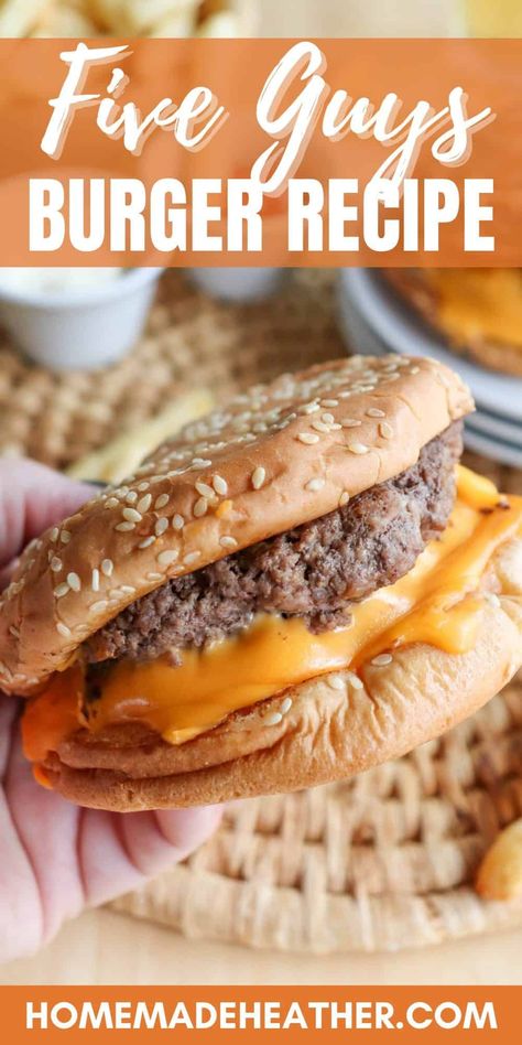 Indulge in the ultimate homemade Five Guys burgers with this copycat recipe. Juicy, flavorful, and topped with melty cheese! Hardees Copycat Recipes, Juicy Cheeseburger Recipe, Season Hamburger Meat, Best Cheese Burger Recipe, Hardee's Frisco Burger Recipe, Best Hamburgers Recipe, Cheese Burgers Recipes, Best Burgers Recipes, Homemade Cheese Burgers