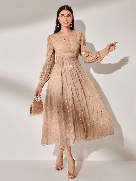 Champagne Casual Collar Long Sleeve Metallic Plain A Line Embellished Medium Stretch  Women Dresses Shimmery Dress Long, Vestidos Color Beige Elegantes, Simple Gown Designs For Party, Champaign Dress, Gold Long Dress, Classy Midi Dresses, Asian Wedding Dress Pakistani, Moda Do Momento, Shimmery Dress