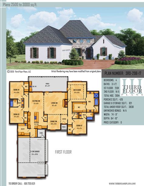 French Acadian 4 bedroom & 3-1/2 bath home plan with an open concept living. Large rear porch with outdoor kitchen. Courtload 3-car garage with storage. Large secluded master suite with large walk in closet. Bedrooms 3&4 with jack n jill on opposite side of home. All of this for under 2700 sq.ft. Acadian Cottage, One Story House Plans, 1200 Sq Ft House, Master Suite Bedroom, House Printable, One Story House, Elegant House, Bedroom Porch, Three Bedroom House