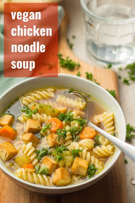 This cozy vegan chicken noodle soup features savory baked tofu, lots of noodles, and tender veggies simmered in seasoned vegetable broth. It tastes just like the stuff mom used to make, without the meat! Chicken Noodle Soup Recipes, Vegan Chicken Noodle Soup, Chicken Noodle Soup Recipe Homemade, Tofu Chicken, Tofu Soup, Cooking Tofu, Chicken Noodle Soup Easy, Vegan Chicken, Vegan Lunch Recipes