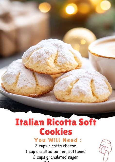 Kitchenmia Recipes, Ricotta Cookies, Italian Christmas Cookies, Soft Cookies, Italian Christmas, Truffle Recipe, Xmas Cookies, Soft Cookie, Breakfast Bake