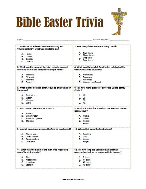 Free Printable Bible Easter Trivia Quiz. Free Printable Bible Easter Trivia Game to have fun in March at Easter celebration. Let's find out how much you know about Easter. Try to answer this easy trivia about the Passover, Triumphal Entry, pieces of silver, Apostle Peter denial, Jesus robe color, who carried the cross for Christ?, tomb, days He remain before Easter Quiz, Easter Trivia, Easter Lessons, Easter Sunday School, Bible Questions, Bible Quiz, Resurrection Sunday, Easter Games, Easter Story