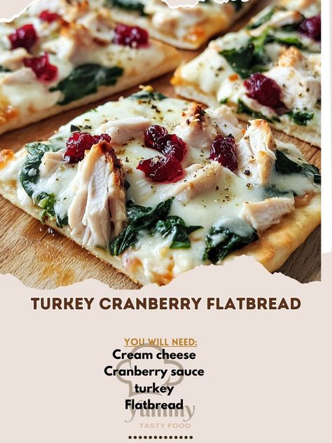 Enjoy a delightful twist on leftovers with this Turkey Cranberry Flatbread! 🥪🍂 A tasty and quick meal option!" Turkey Cranberry Flatbread Ingredients: Flatbread (2 pieces) Cooked turkey (1 cup, shredded) Cranberry sauce (½ cup) Cream cheese (4 oz) Spinach (1 cup, fresh) Mozzarella cheese (½ cup, shredded) Olive oil (1 tbsp) Salt and pepper (to taste) Instructions: Preheat oven to 375°F (190°C). Spread cream cheese evenly over flatbreads. Layer turkey, cranberry sauce, spinach, and mozzare... Leftover Turkey And Cranberry Pizza, Turkey And Cranberry Pizza, Thanksgiving Leftover Turkey And Cranberry Pizza, Thanksgiving Flatbread, Cranberry Flatbread, Cranberry Pizza, Turkey And Cranberry, Cranberry Turkey, Turkey Cranberry