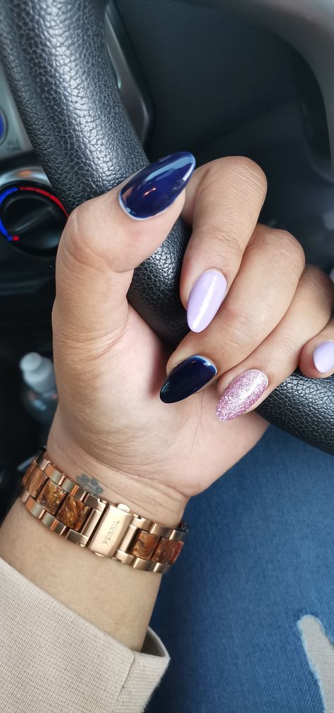 Navy And Lavender Nails, Navy Blue And Light Pink Nails, Lilac Glitter, Dark Pink Nails, Navy Blue Nails, Lilac Nails, Light Pink Nails, Lavender Nails, Almond Shape