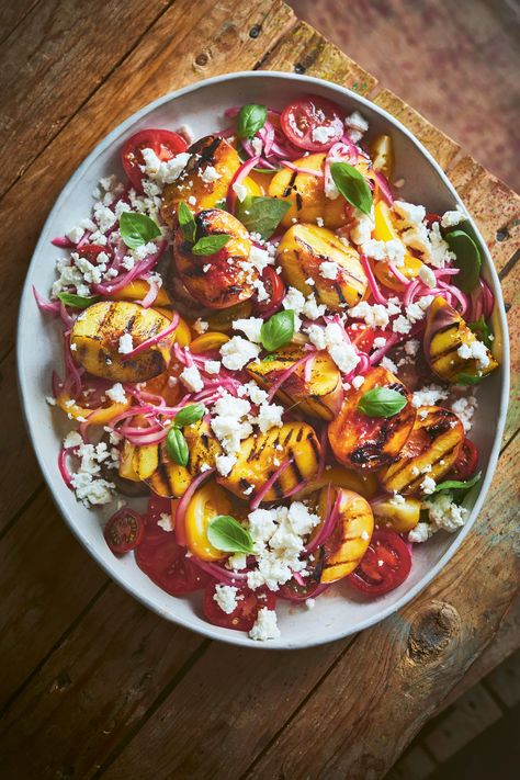 Grilled peaches with tomato, feta and basil | House & Garden Green Salad Recipes, Walnut Salad, Grilled Peaches, Beet Salad, Barbecue Recipes, Cooking Light, Green Salad, Healthy Salad Recipes, Healthy Salads