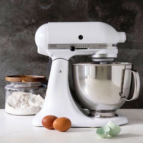 A White KitchenAid mixer on a granite countertop with eggs and flour ready to bake your perfect dessert! Baking Equipment Aesthetic, Abs Cook, White Kitchen Aid, Kitchenaid Products, Shredding Chicken, Outdoor Interior Design, Roasted Cauliflower Soup, Thibaut Wallpaper, Tilt Head