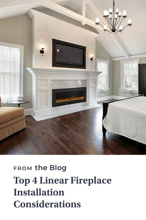 Modern Electric Fireplace Mantle, Large Electric Fireplace With Mantle, Electric Fireplace Master Suite, Rectangle Electric Fireplace Ideas, Electric Fireplace In Master Bed, Linear Electric Fireplace With Tv Above, Linear Fireplace Surround Ideas, Linear Fireplace With Mantel, Linear Gas Fireplace With Tv Above