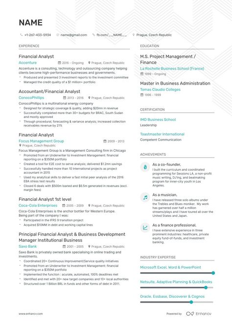 How to write an entry-level financial analyst resume, including real-life examples and 200+ templates. Create your free resume on Enhancv. Financial Analyst Resume, Accounting Resume Examples, Finance Resume, Cv Example, Analyst Resume, Resume Summary Examples, Business Analyst Resume, Resume Building, Resume Template Examples