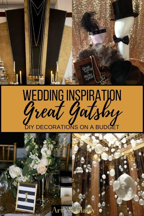 Here are some creative and DIY budget friendly ways to decorate for a Great Gatsby party or wedding. Great gatsby wedding | Great gatsby party decorations | Great gatsby quotes | Great gatsby wedding | Great gatsby wedding dress | Great gatsby wedding theme | Great gatsby wedding decorations | Wedding great gatsby | Wedding great gatsby theme | Wedding great gatsby theme decor | Great gatsby wedding diy | Great gatsby wedding diy center pieces | Great gatsby wedding diy roaring 20s #greatgatsby Great Gatsby Party On A Budget, Great Gatsby Diy Decorations, Gatsby Entrance Decor, Great Gatsby Ceiling Decorations, Gatsby Wedding Decorations, Great Gatsby Party Decorations, Great Gatsby Themed Party Amazon.com, Gatsby Party Decorations, Roaring 20s Wedding