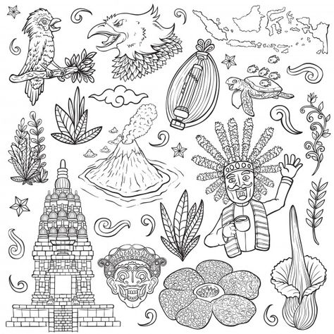 Amazing culture flora and fauna indonesia outline isolated illustration Premium Vector |  #Freepik #freevector #ornament #bird #sky #art Nusantara Art Design, Indonesian Culture Art, Nusantara Art, Multi Cultural Art, Illustration Easy, Indonesian Design, Objects Illustration, Indonesian Culture, Illustration Wallpaper