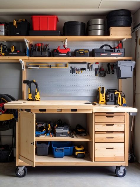 Garage Workbench Ideas - Workbench With Pegboard, Garage Workbench Ideas, Garage Bench, Workbench With Storage, Adjustable Height Workbench, Workbench Ideas, Building A Workbench, Workbench Designs, Garage Workbench