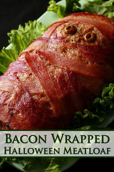 A whole meatloaf wrapped in bacon wth olive eyes to look like a mummy. Halloween Meatloaf, Mummy Meatloaf, Ground Chicken Meatloaf, Olive Eyes, Diy Halloween Food, Bacon Wrapped Meatloaf, Chicken Meatloaf, Brown Hairstyles, Hair Color Brown