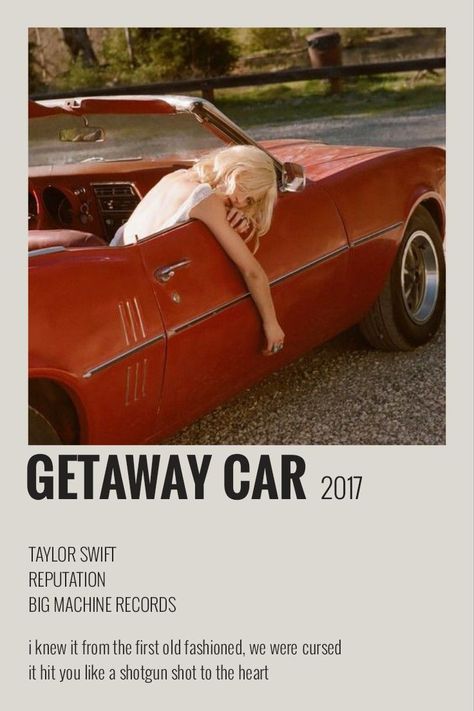 GETAWAY CAR TRACK POLAROID TAYLOR SWIFT Getaway Car Poster, Taylor Swift Discography, Poster Taylor Swift, Posters Wallpaper, Taylor Songs, Vintage Music Posters, Music Poster Ideas, Taylor Lyrics, Taylor Swift Music