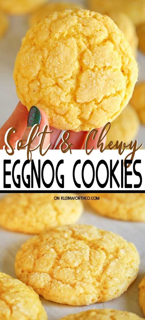 Love the classic holiday flavor of eggnog? Then you'll love these quick & easy Eggnog Cookies. These soft & chewy cookies are a MUST-MAKE for the holidays! #holidayrecipes #christmascookies #eggnogrecipes #holidaytreatrecipes #holidaycookierecipes #bestholidayrecipes #holiday #holidaytreat #easyrecipe #christmasrecipe #easyeggnogcookies #eggnogcookies #christmas #dessert Egg Nog Cookies Recipe, Doctored Cake Mix Recipes, Cake Mix Recipe, Easy Eggnog, Quick Cookies Recipes, Eggnog Cookies, Cookies Soft, Toffee Cookies, Eggnog Recipe