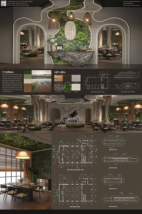 Section Restaurant, Restaurant Parking Lot Design, Organic Restaurant Design, Restaurant Architecture Concept, Interior Material Board, Fish Architecture, Hotel Concept Design, Commercial Building Interior, Lounge Floor Plan