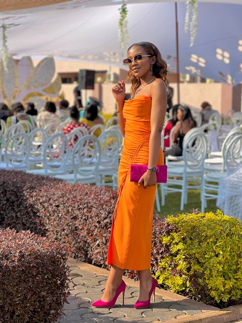 Orange Dress Pink Heels, Orange Dress And Gold Heels, Orange Heels Outfit Summer, Orange Heels Outfit, Purple Shoes Outfit, White Heels Outfit, Summer Heels Outfit, Morgan Elizabeth, Orange Heels