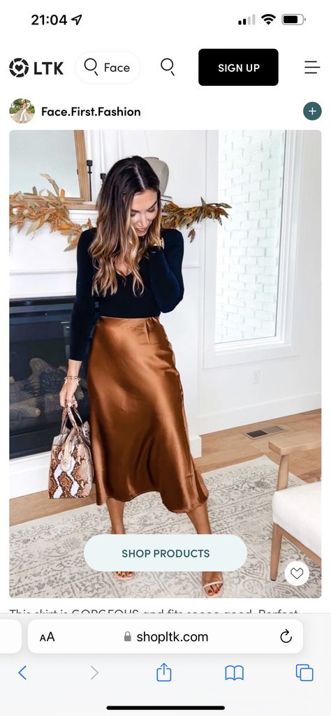 Copper Satin Skirt Outfit, Bronze Skirt Outfit, Copper Skirt Outfit, Brown Silk Skirt Outfit, Leather Blouse Outfit, Brown Satin Skirt Outfit, Satin Skirt Outfit Fall, Blouse Outfit Ideas, Silk Top Outfit