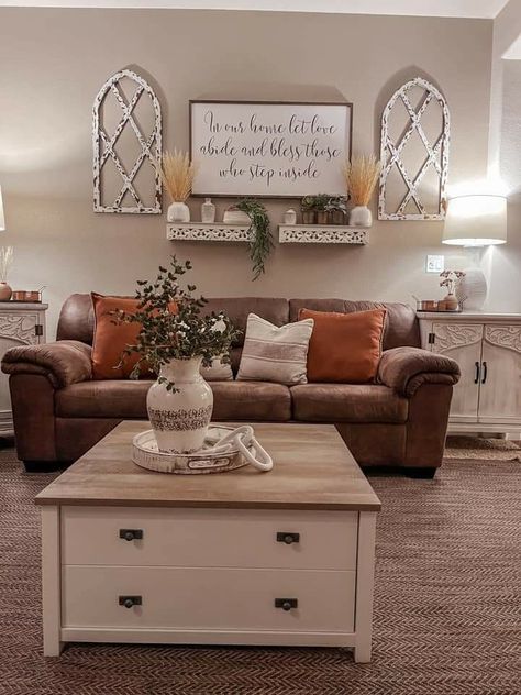 Farmhouse Wall Decor Above Couch, Wooden Arch Decor Living Rooms, Large Accent Wall With Tv, Decor Above Living Room Couch, Beige Wall Grey Couch, Home Decor For Grey Walls, What To Hang Behind The Couch, Main Living Room Wall Decor, Over The Couch Wall Decor Ideas Farmhouse