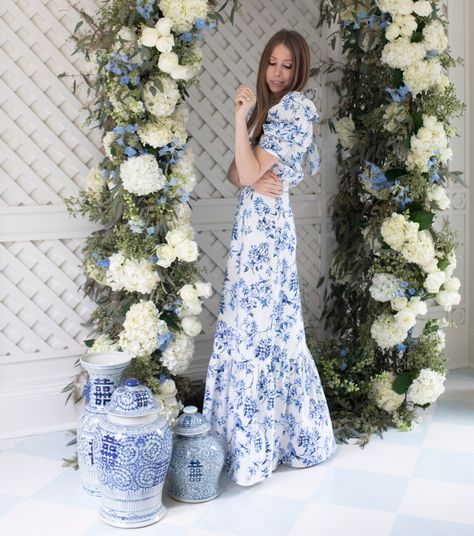 Blue And White Toile Dress, Floral Blue Dress Wedding, Blue And White Floral Wedding Dress, Blue And White Floral Dress Long, Blue And White Maxi Dress, Blue And White Formal Dress, Blue And White Floral Bridesmaid Dresses, Blue And White Dress Outfit, White Dress Blue Flowers