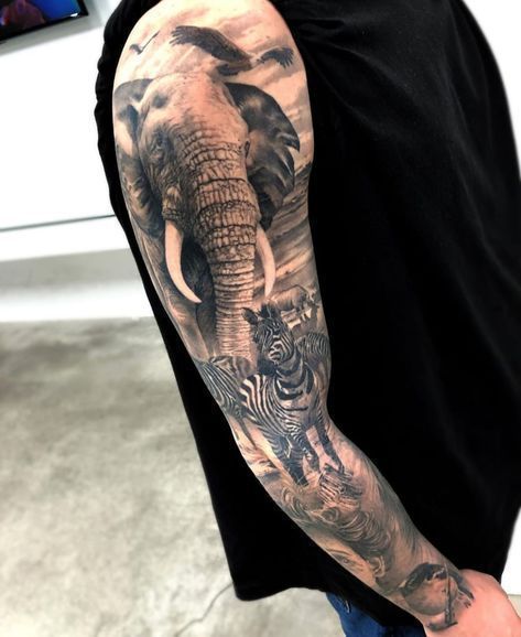 Animal Tattoos Realism, Full Animal Sleeve Tattoos, Mens Animal Tattoo Sleeve, Men’s Elephant Tattoo, Elephant Jungle Tattoo, Safari Arm Sleeve Tattoo, Safari Animals Tattoo, Safari Leg Sleeve Tattoo, Love Sleeve Tattoo